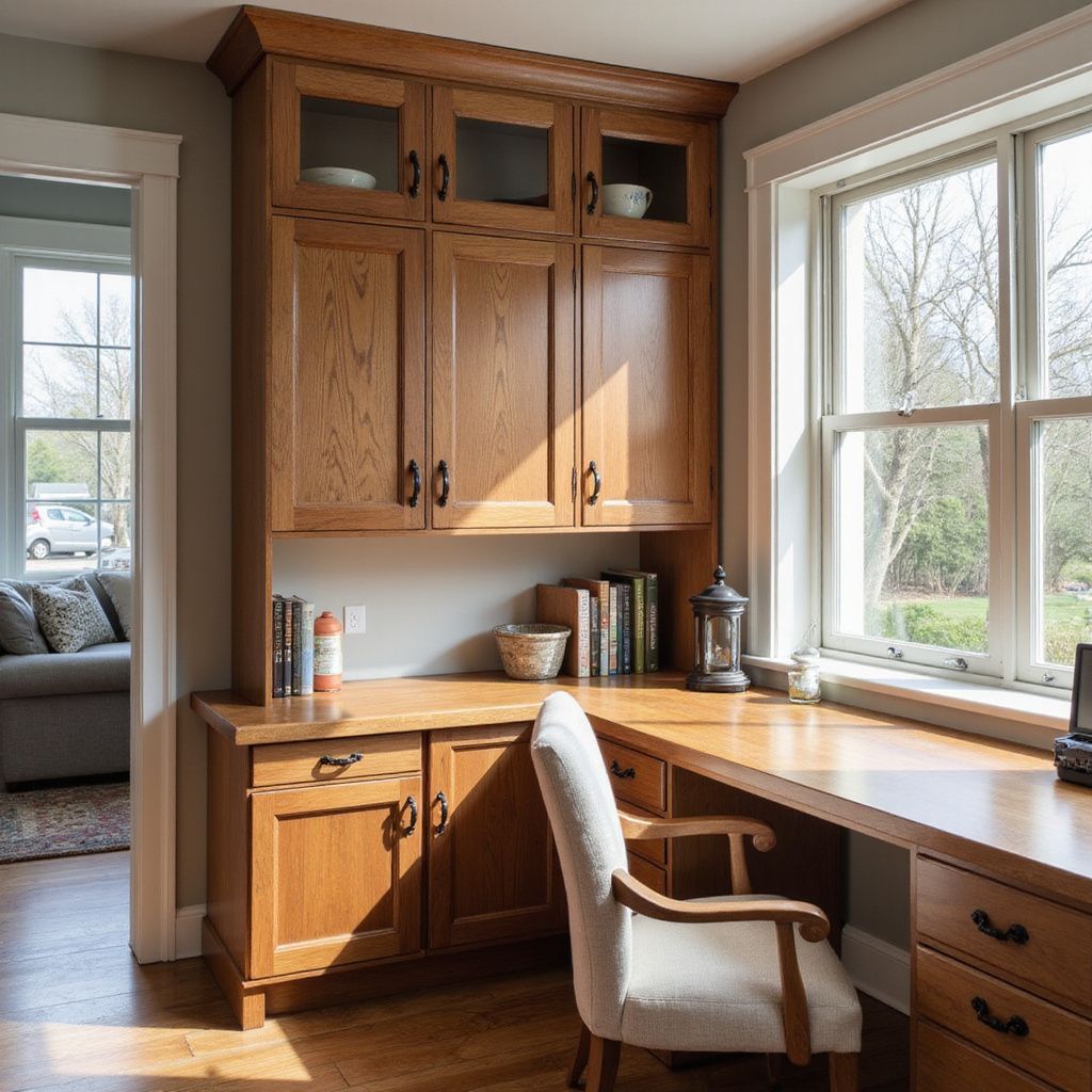 A built-in wooden desk with upper cabinets by a window; a chair is at the desk.