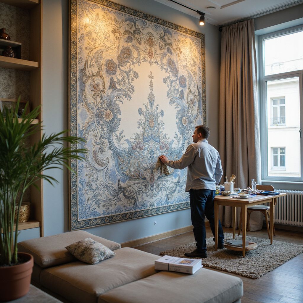Man dusting ornate, large-scale artwork on wall in a well-lit room. Furniture and plants visible.