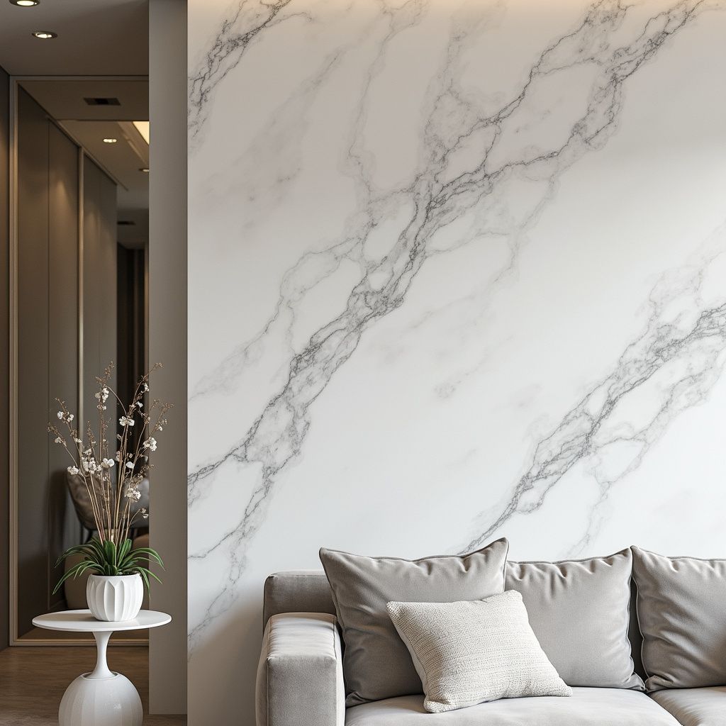 Living room with a white marble wall, grey sofa, and a small white table with a plant.