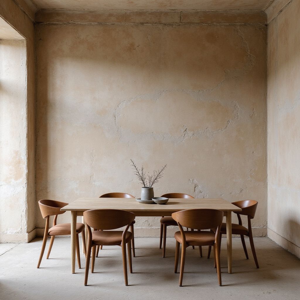 Dining room with a light wood table, six brown chairs, and beige textured walls.
