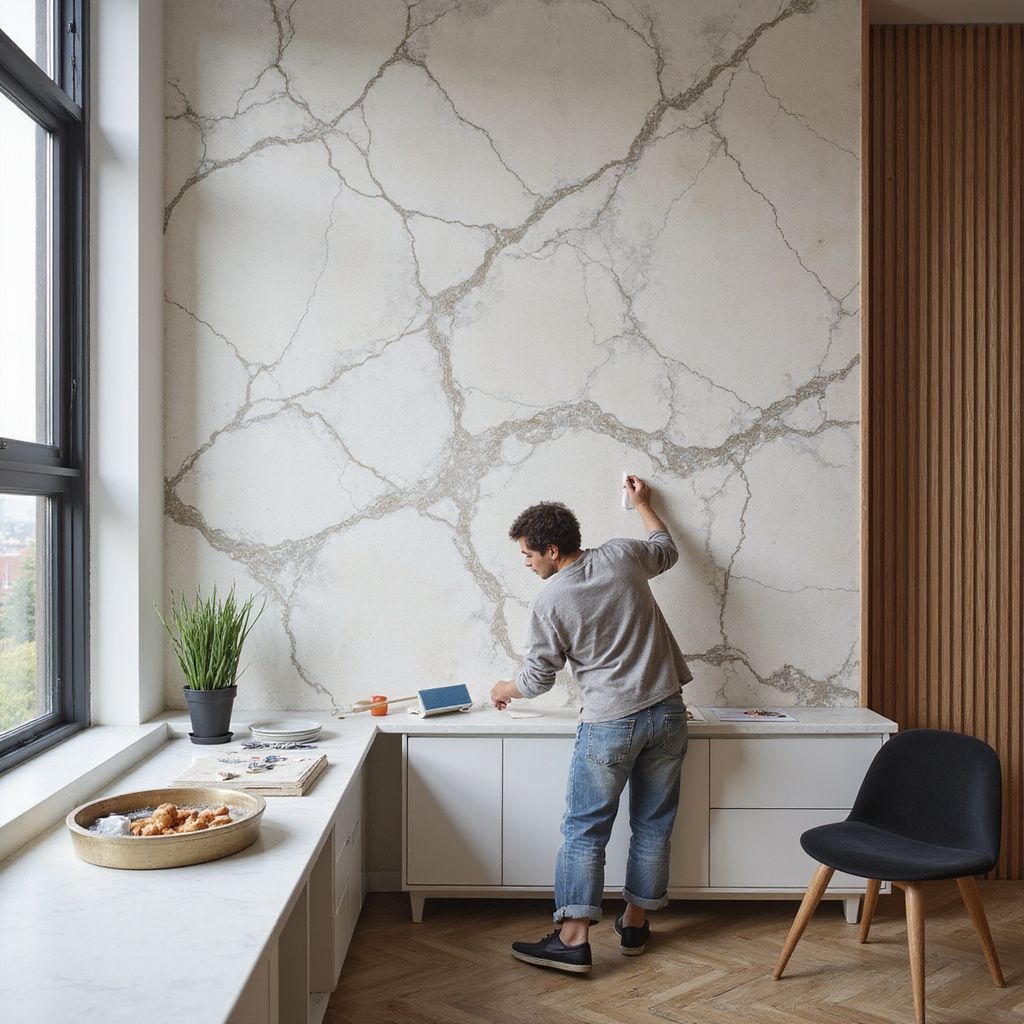 Man sketching on large marbled wall; in modern room with window and cabinet.