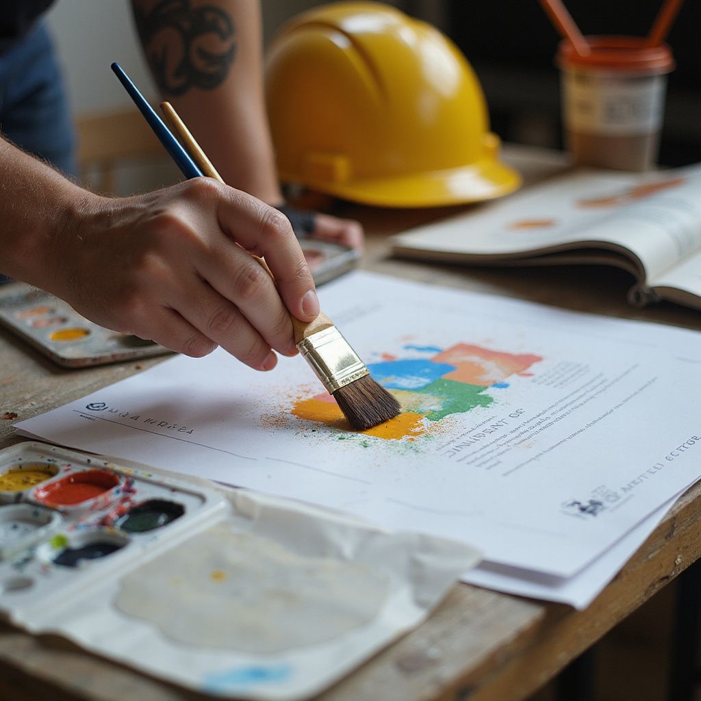 Person painting a colorful diagram with a brush, palette, and yellow hard hat on a wooden table.
