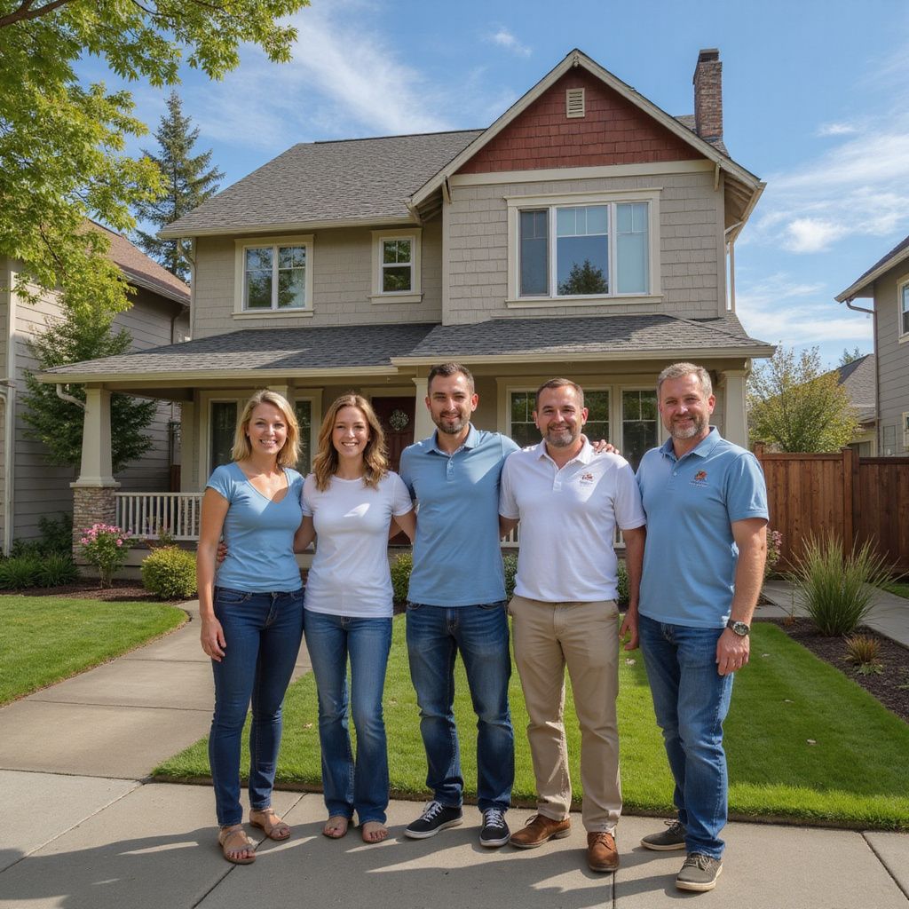 Five people in front of a two-story house, smiling. Sunny day, people in casual attire.