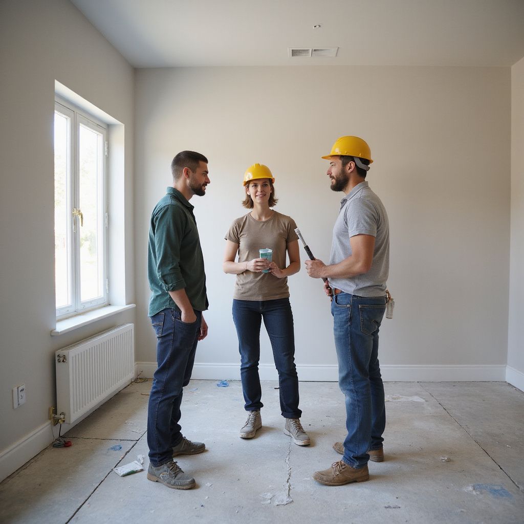 Three people in hard hats discussing in a room under construction; neutral color walls, bare floor, window.
