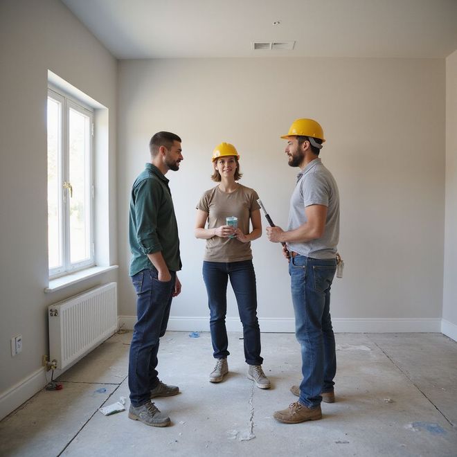 Three people in casual clothes and safety helmets stand and talk in an unfinished room with a window and a radiator.