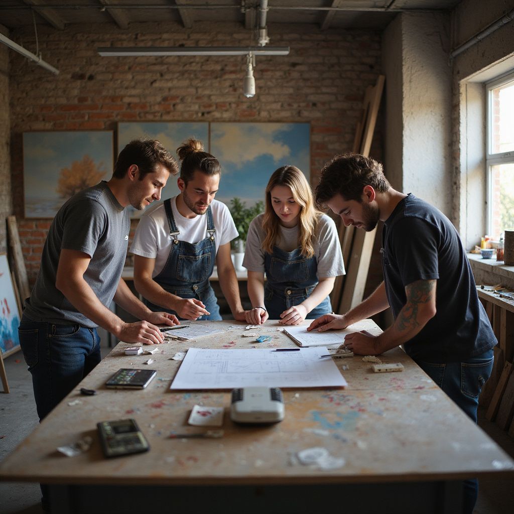 Four artists collaborate at a table in a studio, sketching on paper with focused expressions.