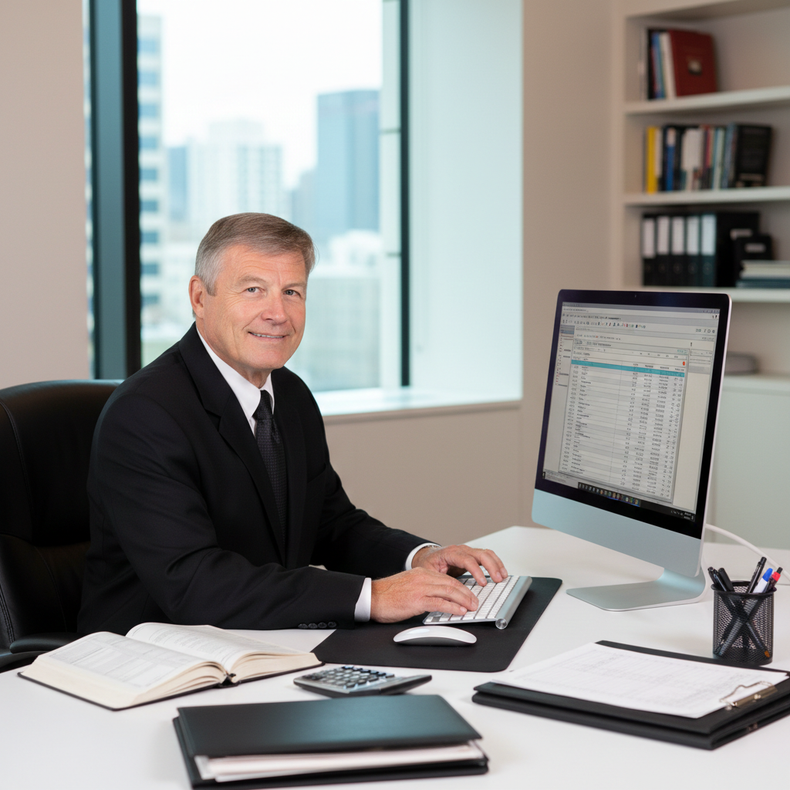Man in suit sitting at desk, typing on keyboard, looking at computer screen in office.