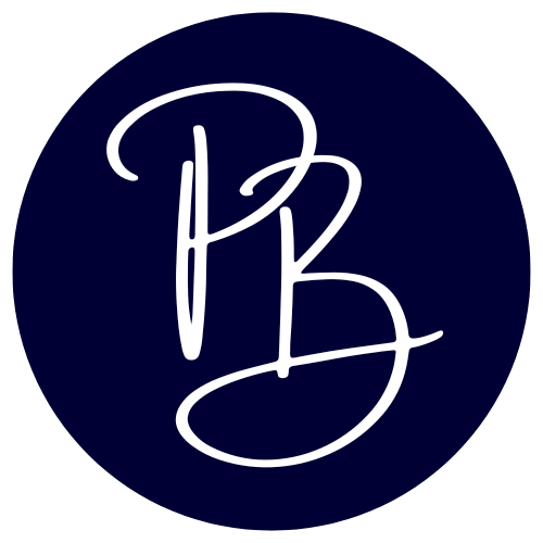 White script initials "PB" on a dark blue circle.