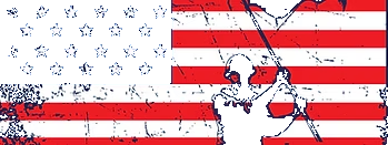 Distressed American flag with a silhouette of a soldier holding a flag.
