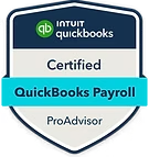 Intuit QuickBooks Payroll Certified ProAdvisor badge; white, blue, and teal with logo.