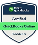 QuickBooks Online Certified ProAdvisor badge; white, green, and blue shield.