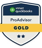 Intuit QuickBooks ProAdvisor Gold badge with stars. Shield shape, blue, white, and gold colors.