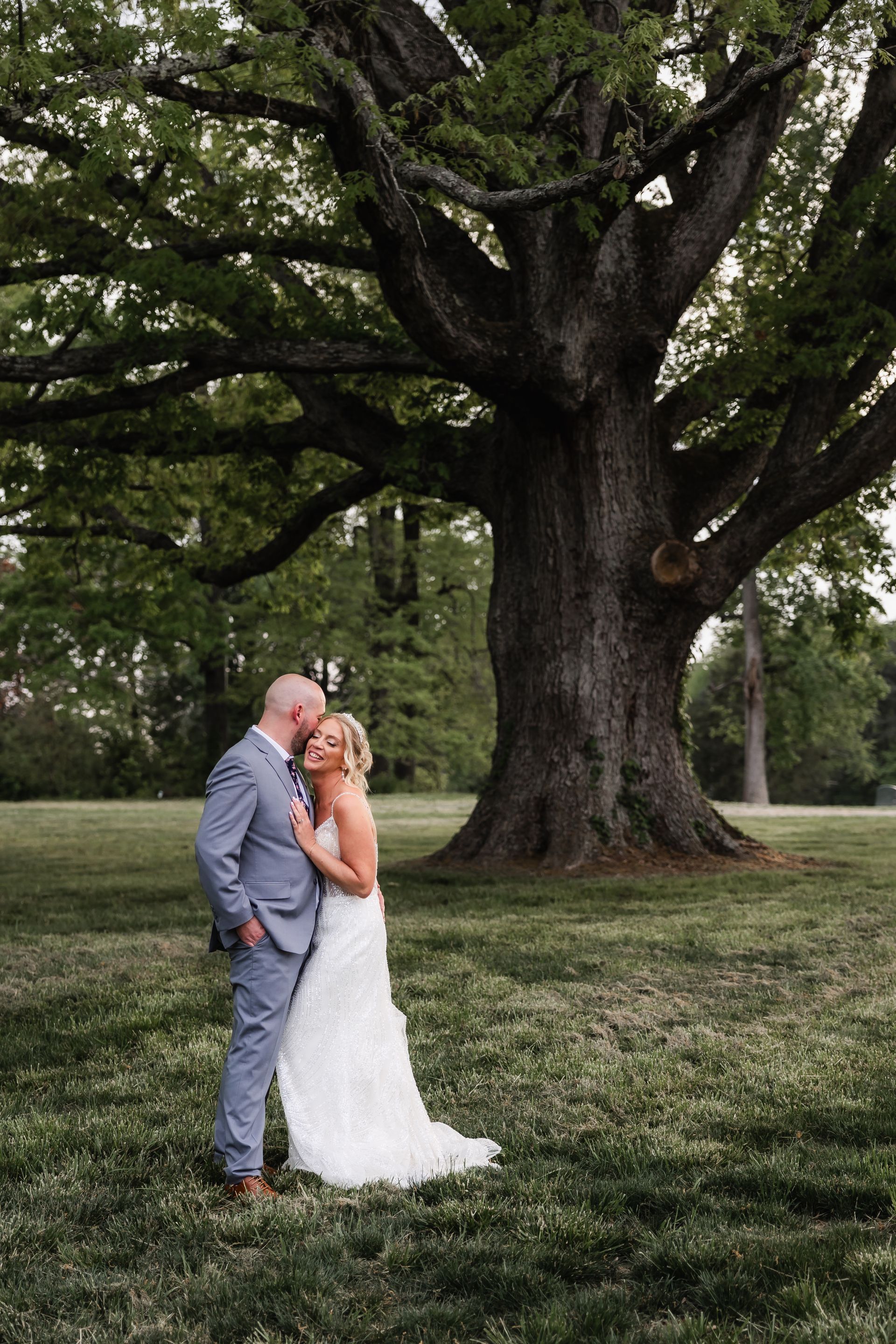 A bride and groom are kissing in front of a large tree.