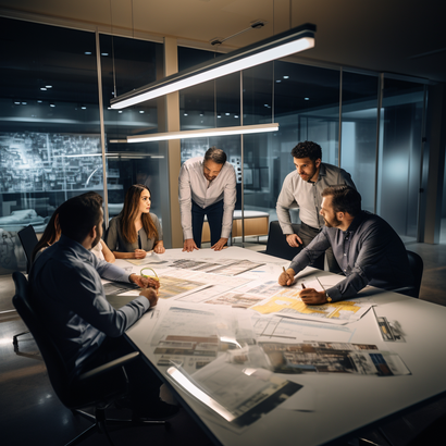 A group of marketing experts brainstorming in an office space.