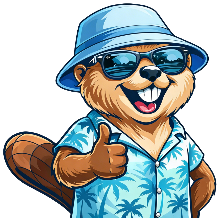 Cartoon beaver in a blue bucket hat and sunglasses, smiling and giving a thumbs-up while wearing a Hawaiian shirt