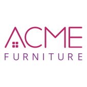 The logo for acme furniture is purple and white.