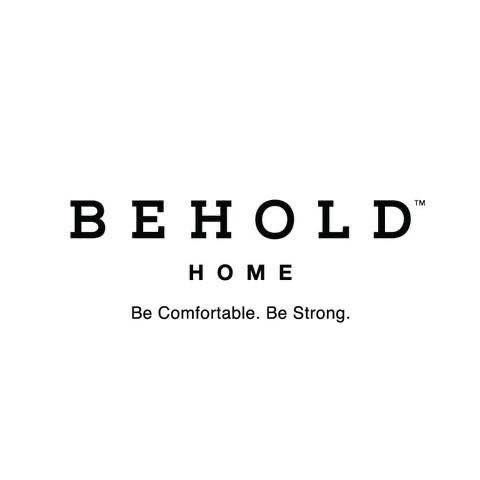 The logo for behold home is black and white and says `` be comfortable , be strong . ''