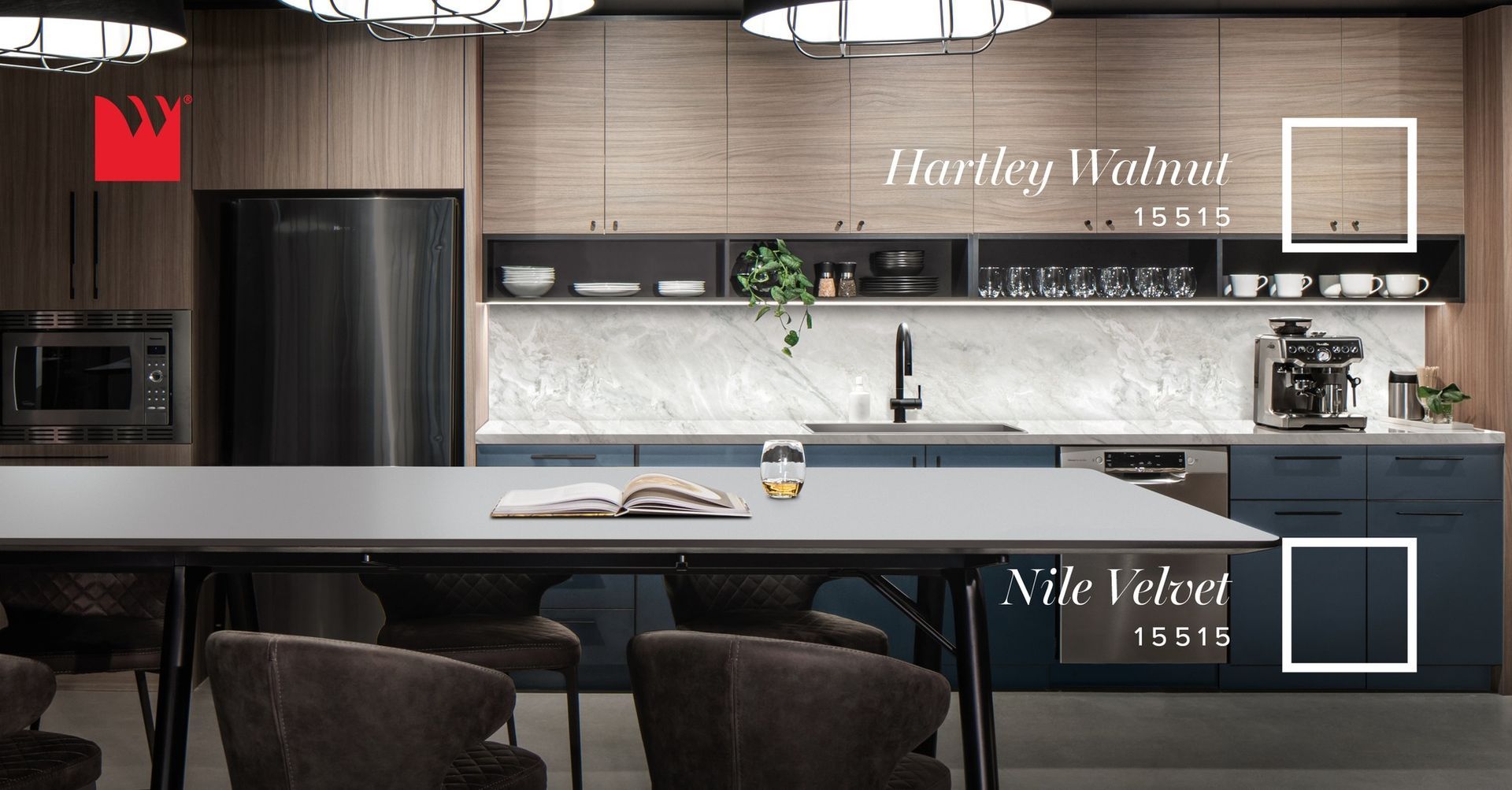 A kitchen with a white counter top and blue cabinets