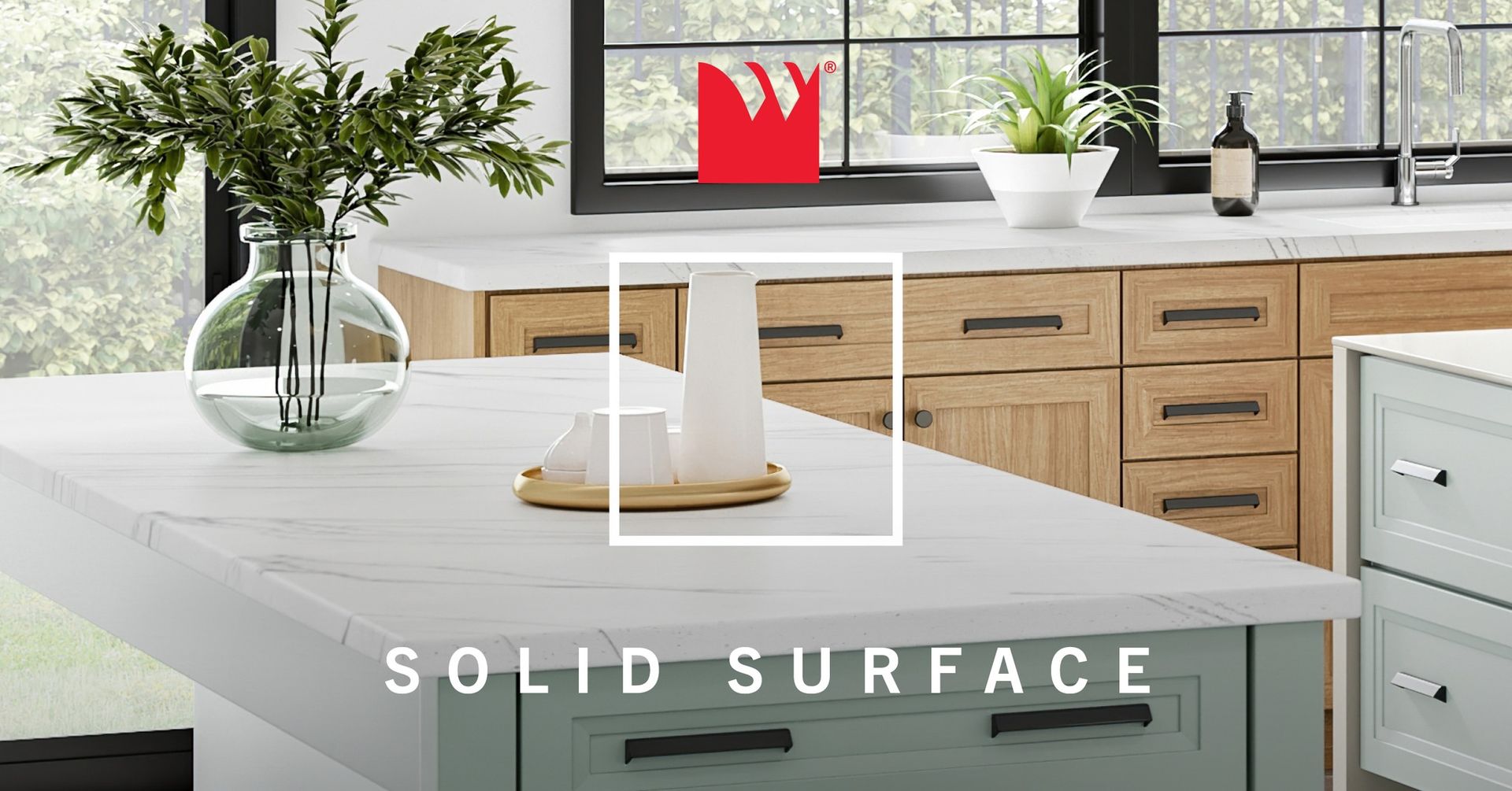 A kitchen with a white counter top and wooden cabinets