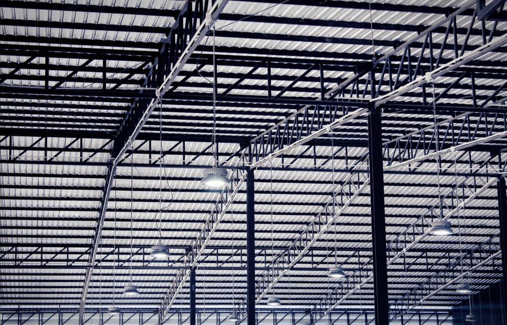 View of shed ceiling showing structural steel frame
