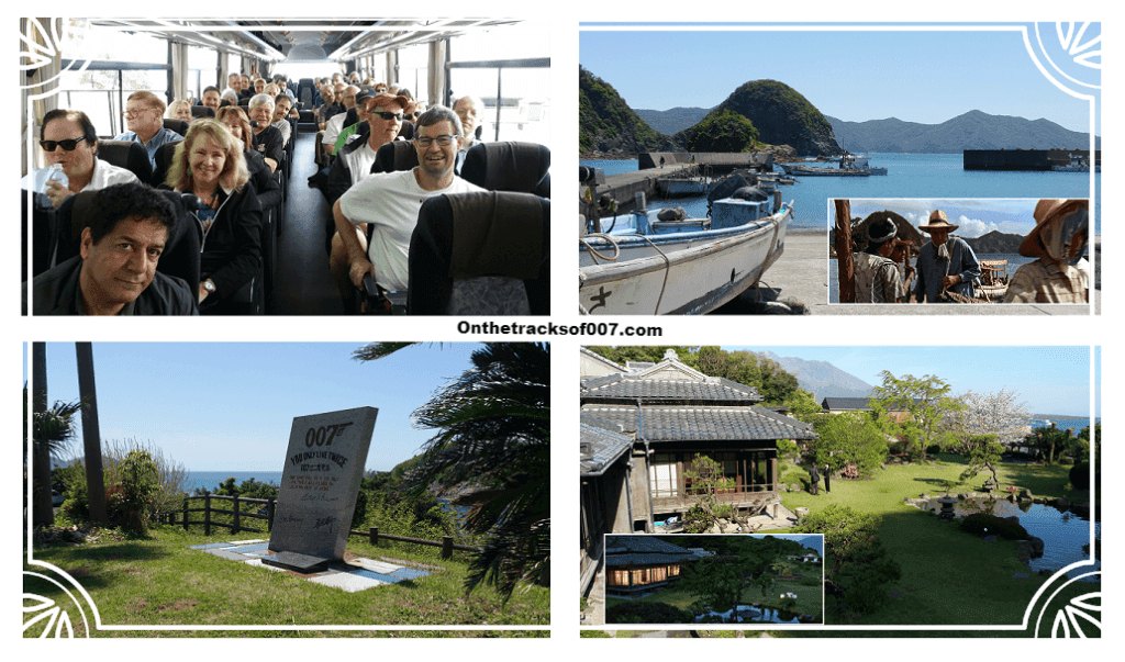 Clockwise from top left: Group in the bus, Akime village, Shigetomi-so (or Tanaka's house) and the memorial at Akime (Photos © Onthetracksof007.com)