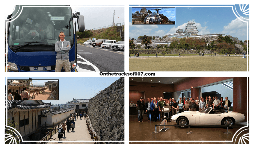 Clockwise from top left: Me and my bus, Himeji Castle, the group with the Toyota 2000GT and one of the many familiar sites at Himeji Castle