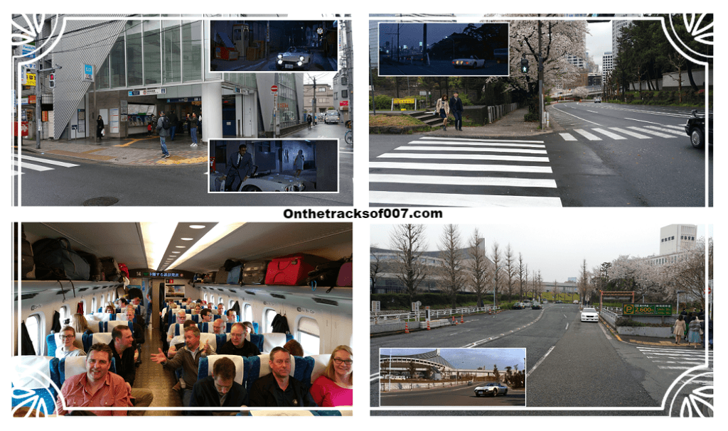 Clockwise from top left: Nakano-Shimbashi metro station, The New Otani parking exit, Yoyogi Gymnasium and the group in the train.