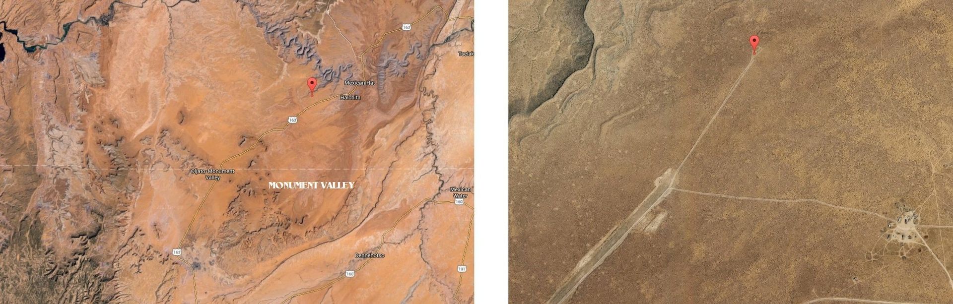 The position of the location, along highway 163 between Monument Valley and Mexican Hat