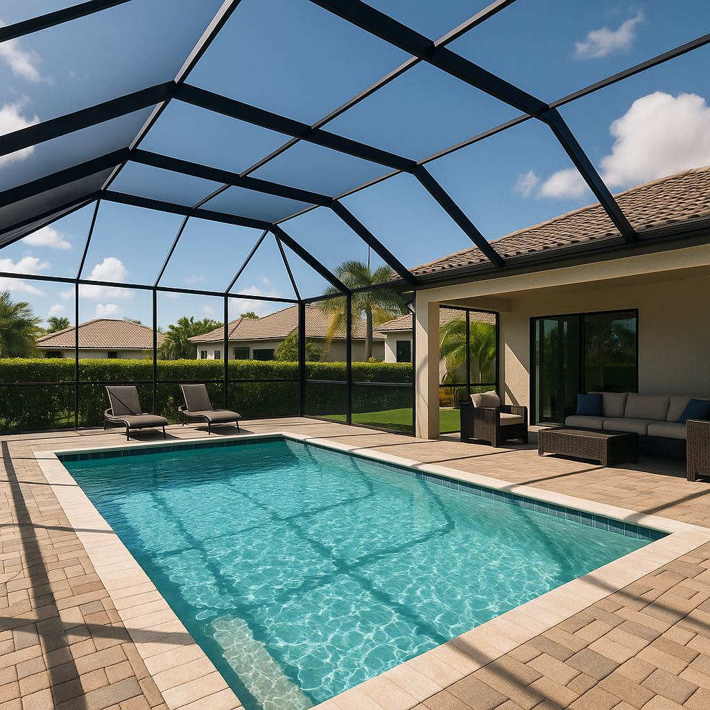 Pool enclosure attached to a house, with a pool visible inside. Green grass and trees are in the background.