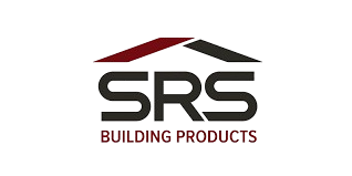 SRS Building Products logo in black and red with stylized roof icon