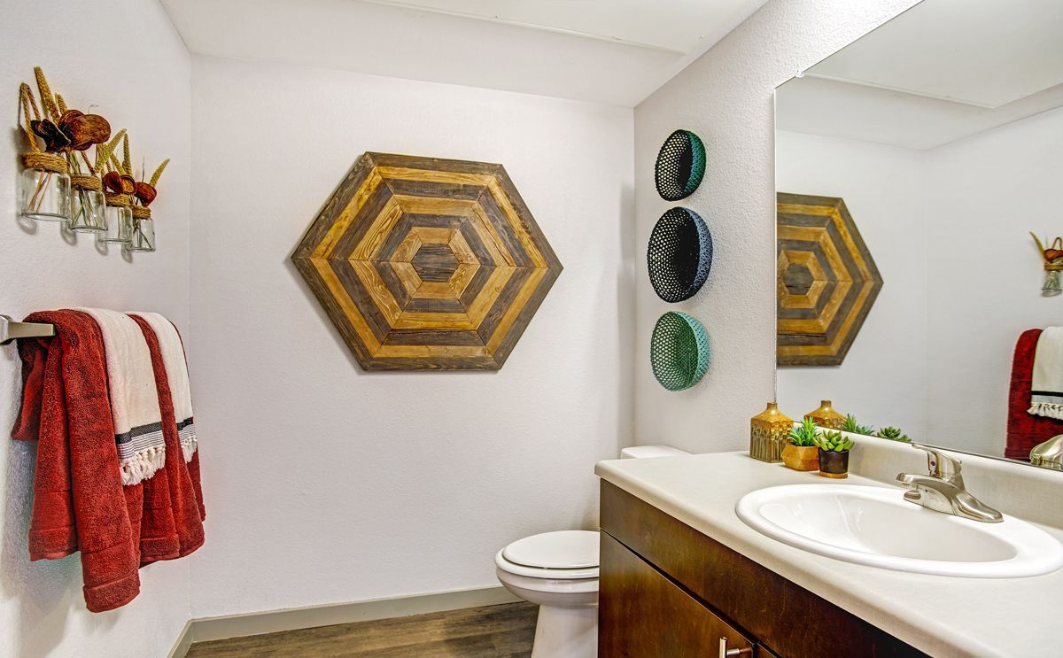 Bathroom with white walls, wooden hexagon art, towel rack, toilet, and sink with a mirror.
