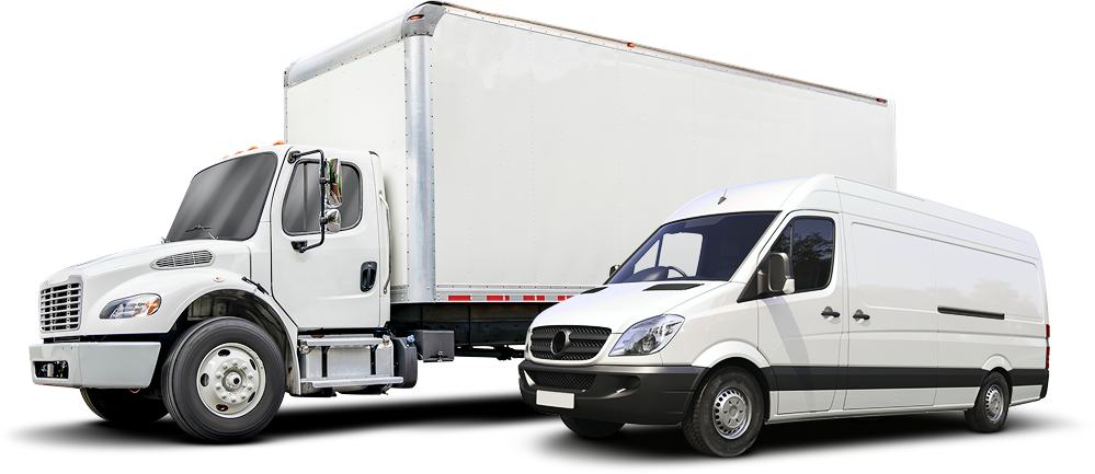 A white box truck and a white cargo van parked side-by-side against a plain white background. | TX Auto Service