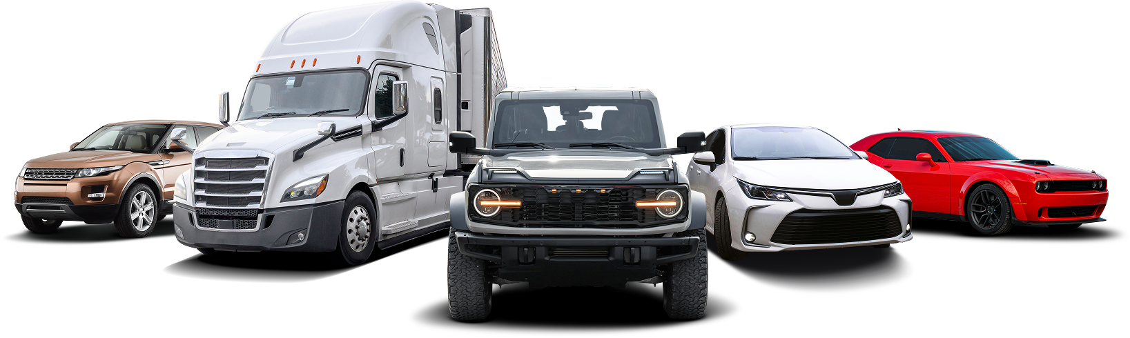 A tan SUV, a large white semi-truck, a grey Ford Bronco, a white sedan, and a red sports car arranged on a white background. | TX Auto Service