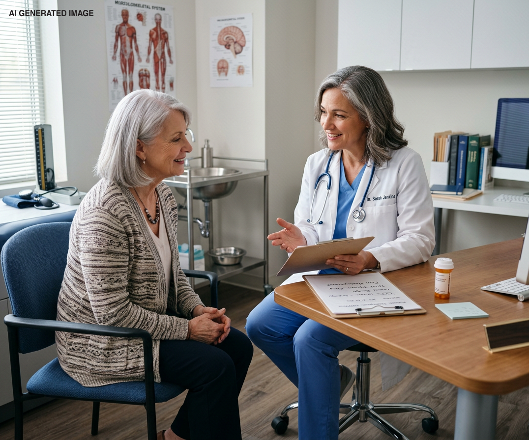 Doctor speaking with seated patient in a medical office, clipboard in hand and anatomy charts on the wall.