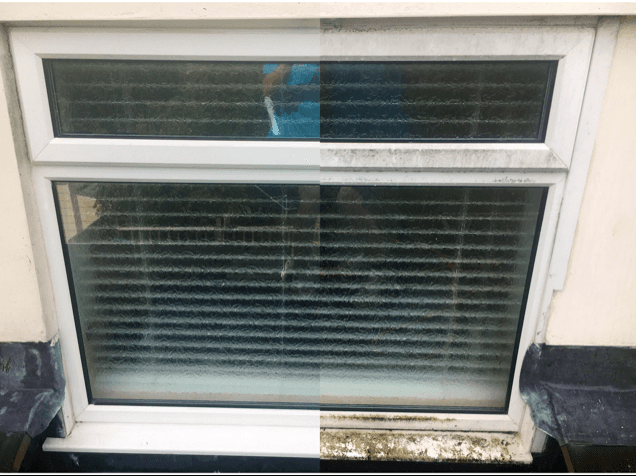 Side by side of a clean and dirty window, before and after