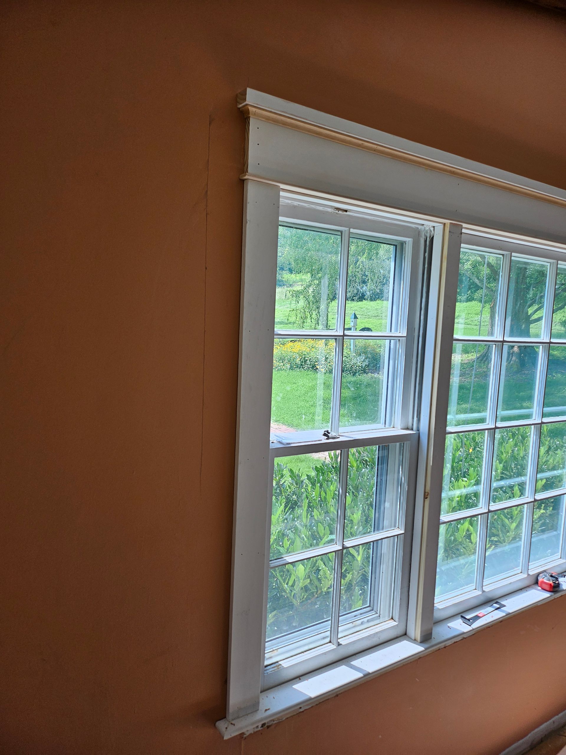 Two-pane window with white trim, set in an orange wall. The window overlooks greenery.