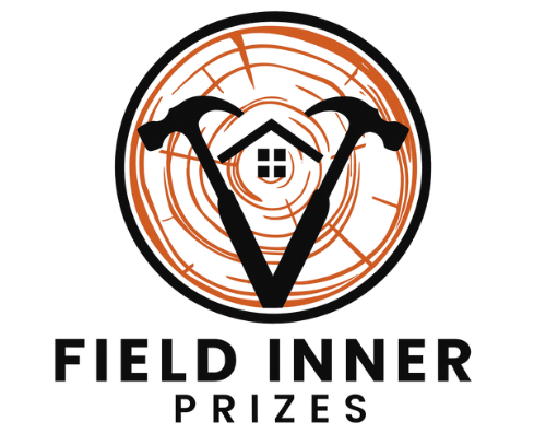Logo for Field Inner Prizes. A brown circle with a wood grain background holds two hammers facing inwards towards a house icon. Text at the bottom reads 