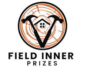 Logo for Field Inner Prizes. A brown circle with a wood grain background holds two hammers facing inwards towards a house icon. Text at the bottom reads 