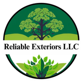 A logo for reliable exteriors llc with a tree and leaves