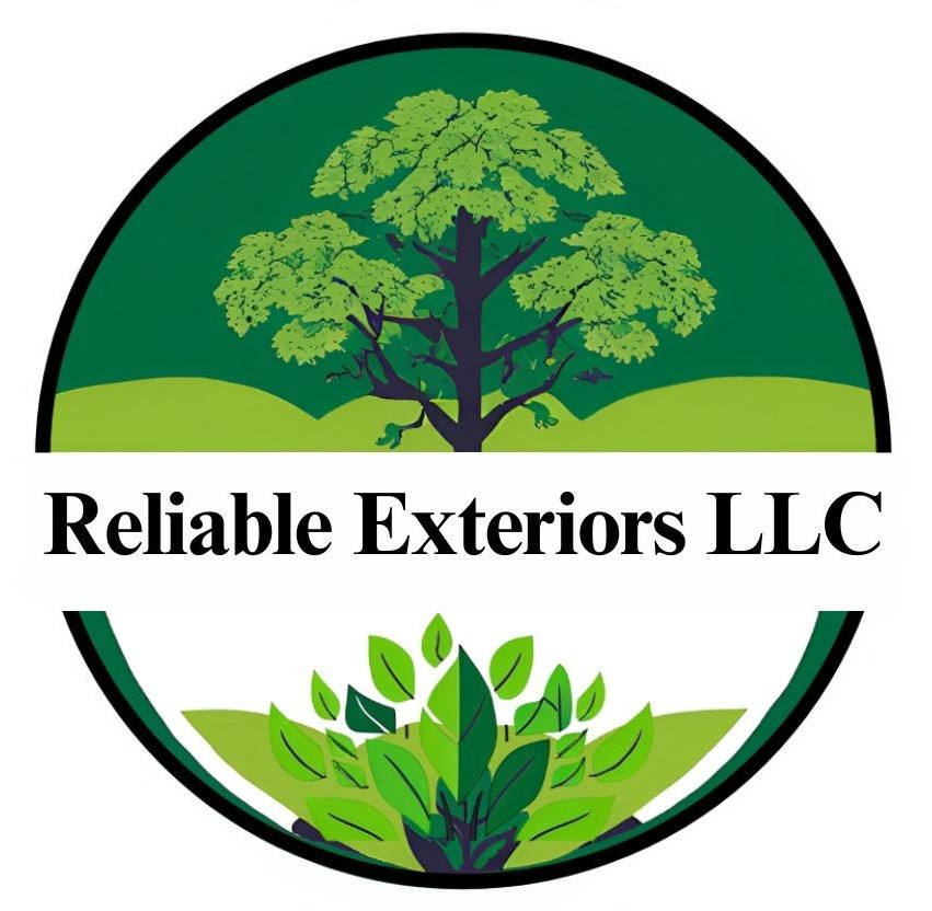 A logo for reliable exteriors llc with a tree and leaves