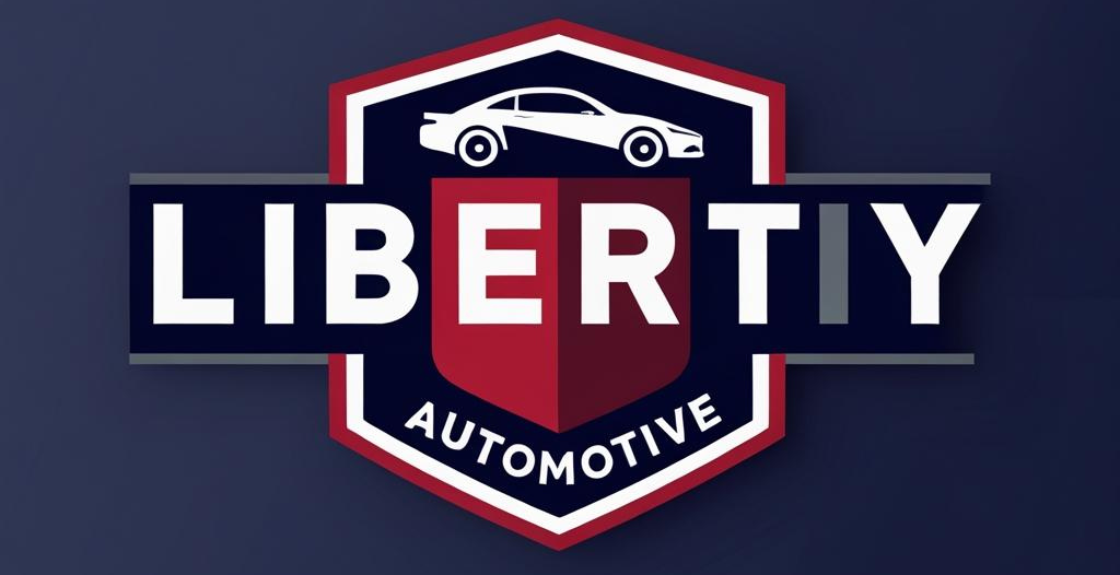 Logo for Liberty Automotive: White car on blue shield over red shield; white text 