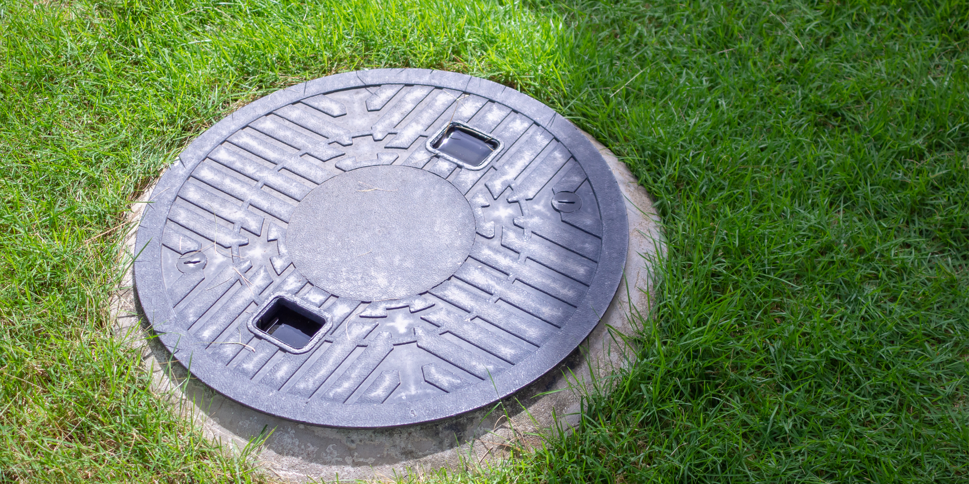 Circular manhole cover in green grass.