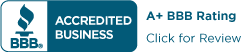 BBB Accredited Business badge with A+ rating and “Click for Review” text in blue and white