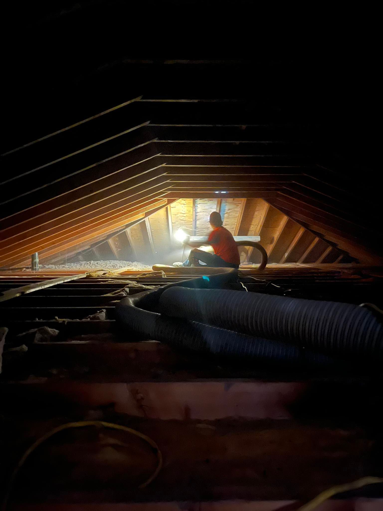 Person in a dark attic, using a flashlight. Wooden beams and insulation are visible.
