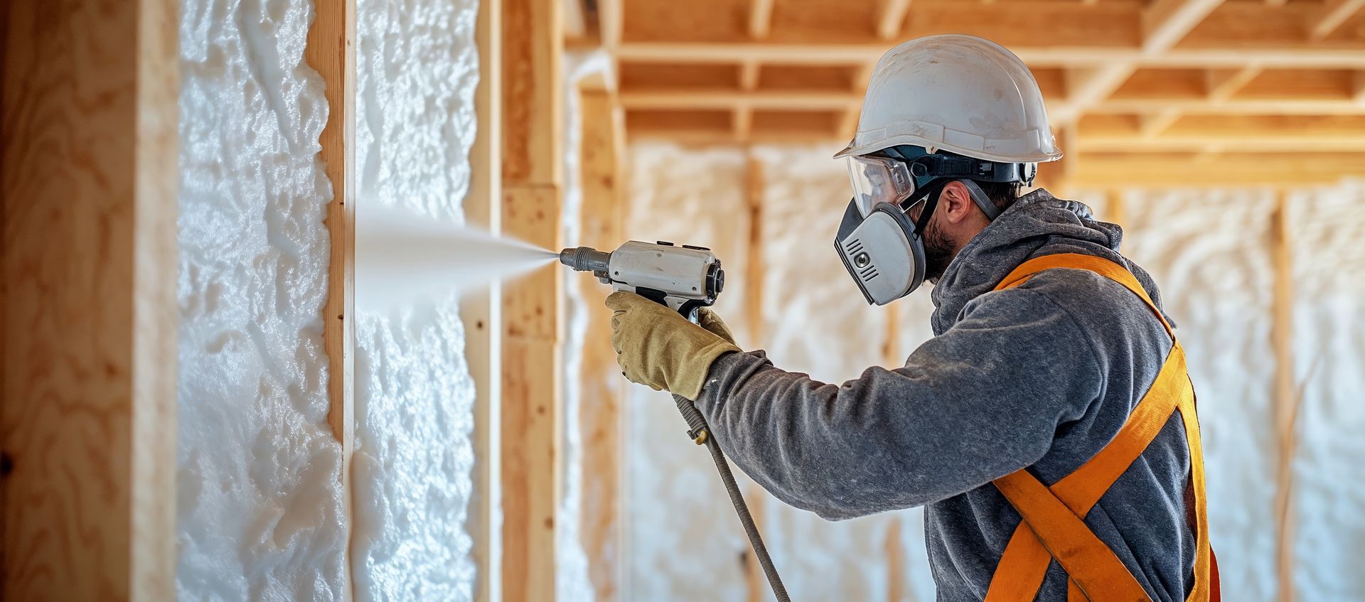 A worker sprays foam insulation onto a wall, wearing a respirator and hard hat, inside a wooden framed building.