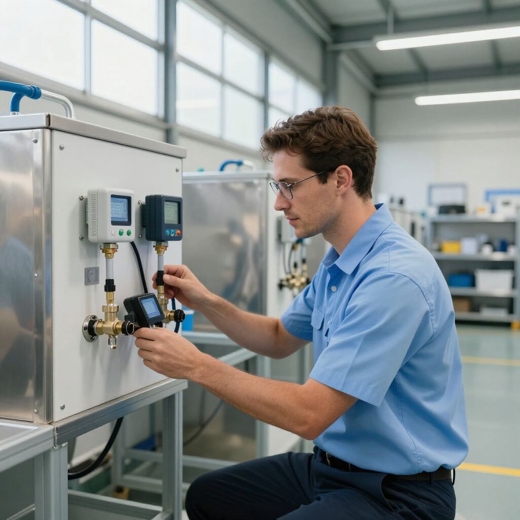 Man in blue shirt works on machinery in a factory.