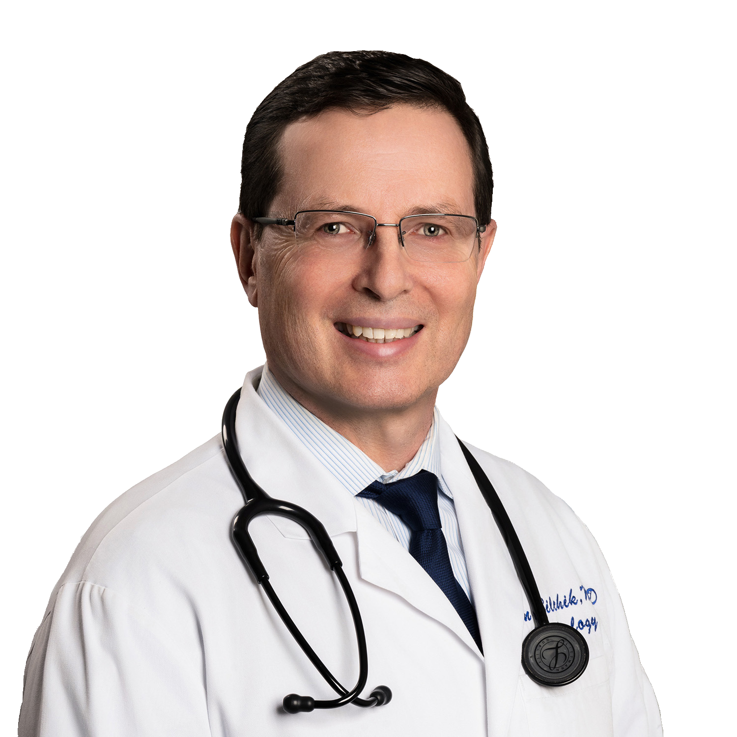 Doctor wearing a stethoscope and white coat smiles at the camera.