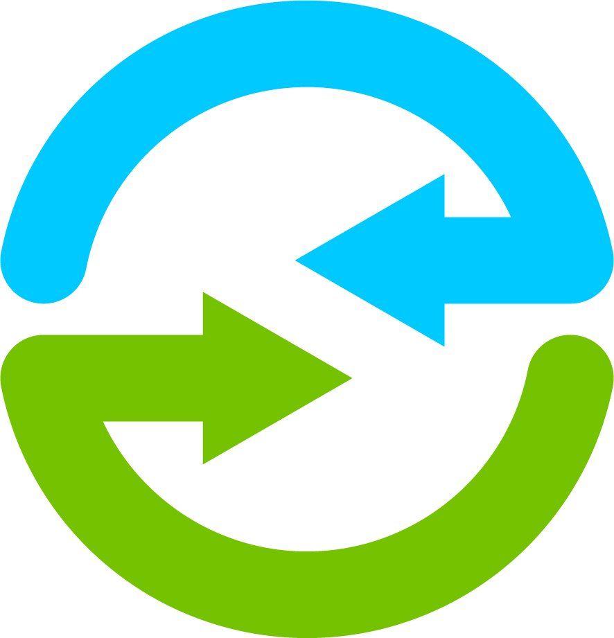 A blue and green circle with two arrows pointing in opposite directions.