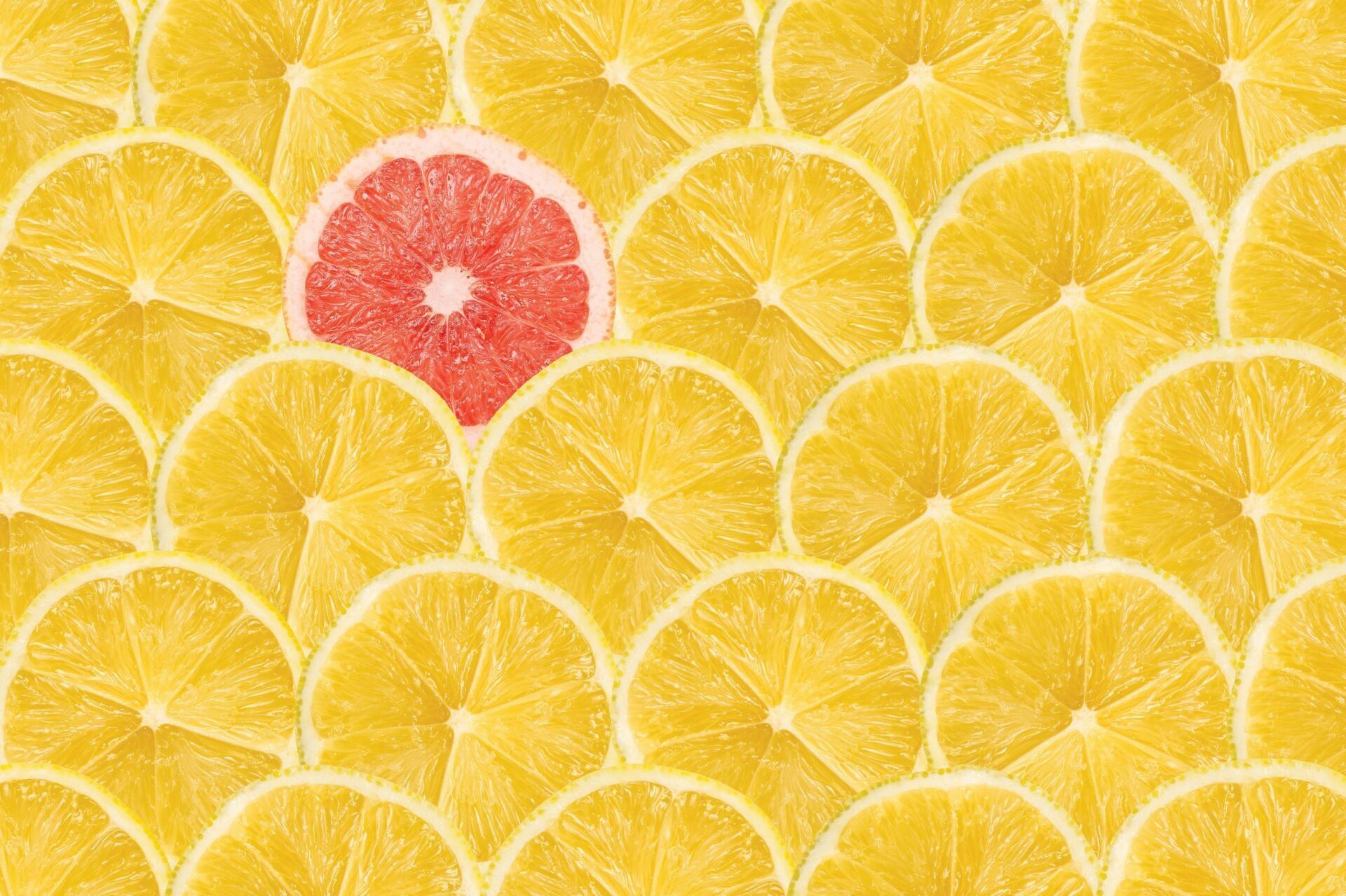 A grapefruit slice is surrounded by yellow lemon slices.