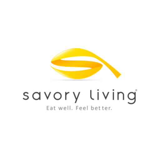 A logo for savory living that says eat well feel better
